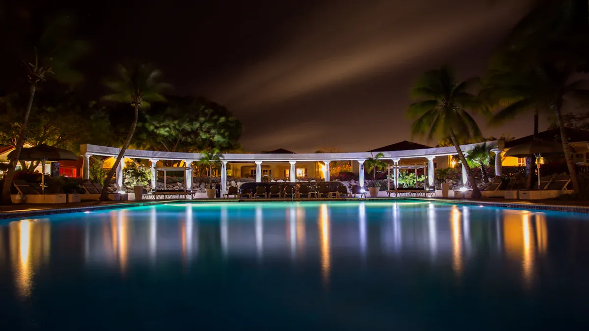 White Floating Lights and Pool Ambiance